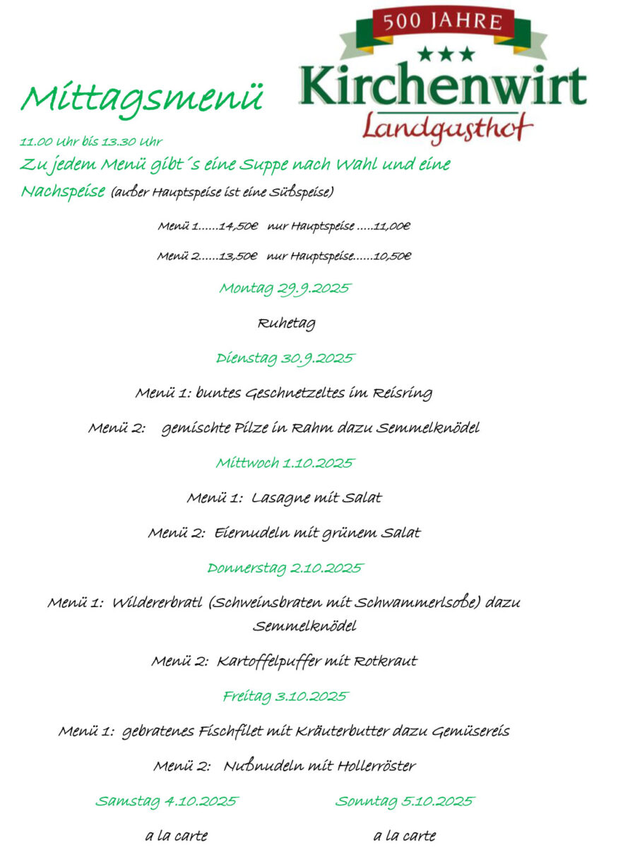 Menüplan der Woche 29.9.-5.10.2025